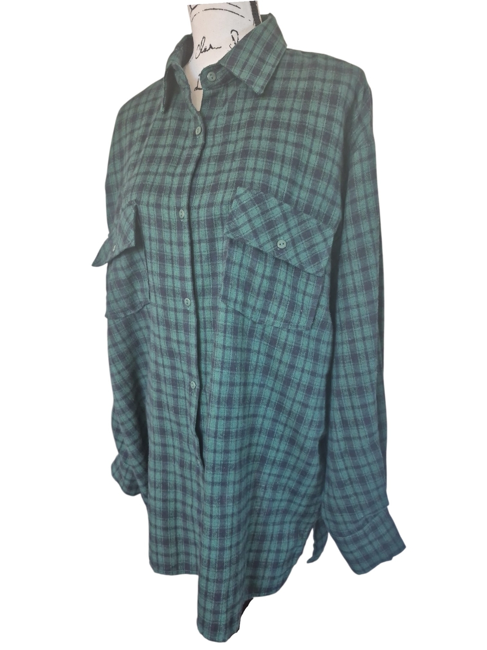 Green Plaid Button-Up Shirt Dress/Tunic Length Top Sz M - Picture 6 of 9